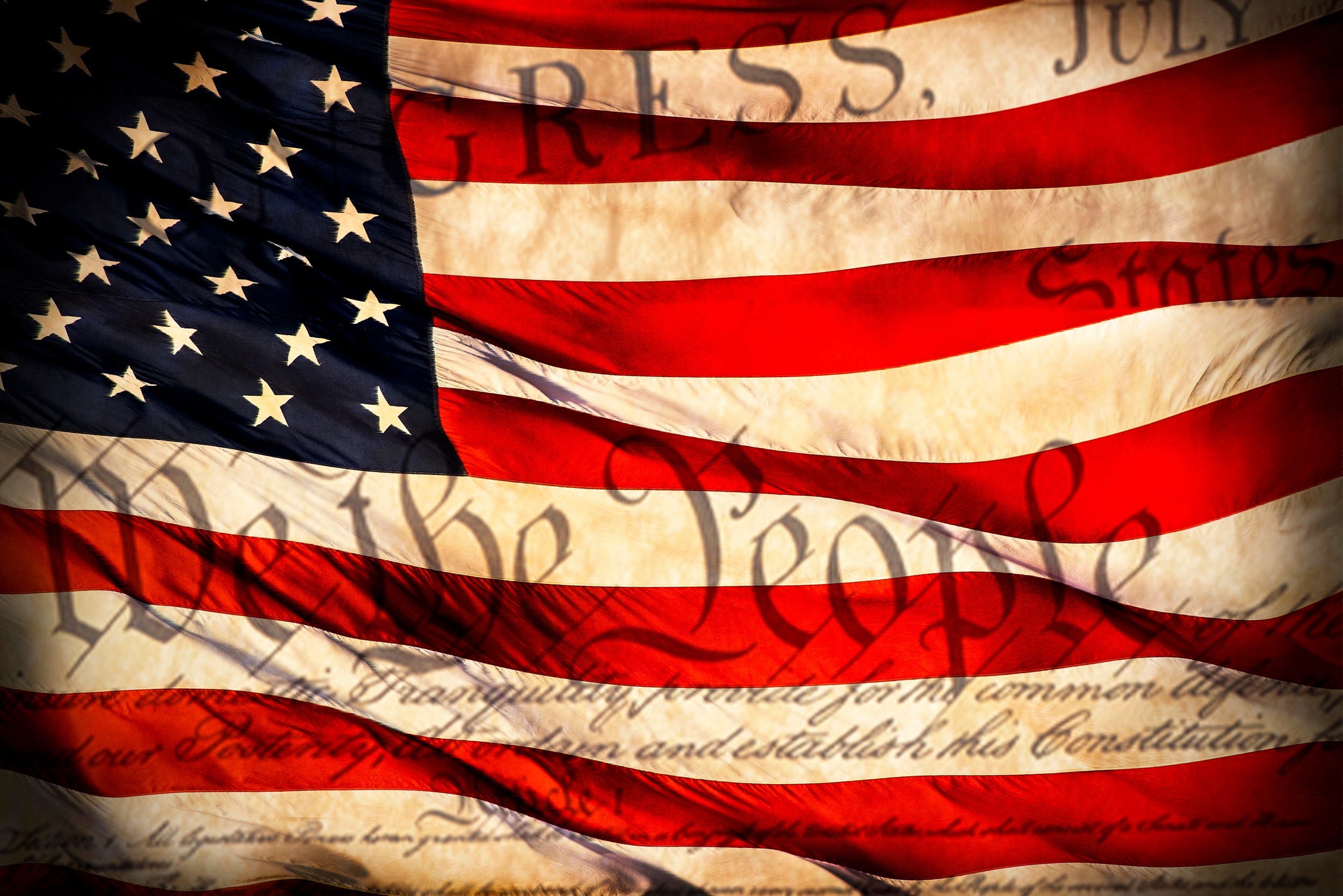 American flag with Constitution phrases